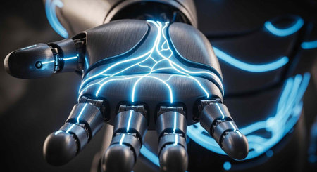 A robotic hand with metallic fingers and glowing blue circuits is extended forward in a futuristic...