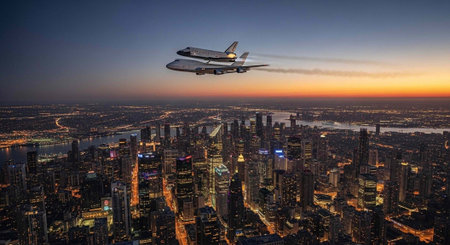 Aerial view of space shuttle flying over illuminated cityscape with skyscrapers and river at dusk.