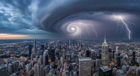 A city faces a severe storm with a massive hurricane cloud, lightning, and dark skies at dusk