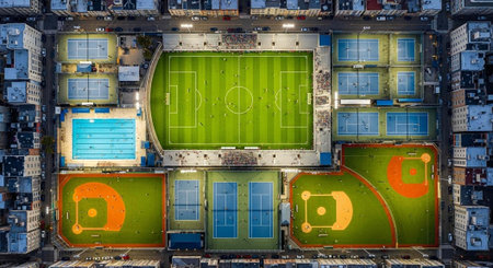 Overhead view of a sports complex with green soccer field, baseball diamonds, and blue tennis courts...
