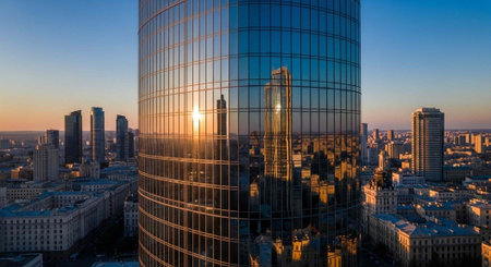 Aerial view of a city with a large glass skyscraper reflecting the sunset and surrounding buildings