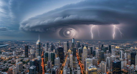 A city skyline under a massive storm cloud with lightning and a hurricane eye in the sky