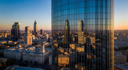 Panoramic view of a city with sleek skyscrapers, glass buildings, and warm sunset light casting...