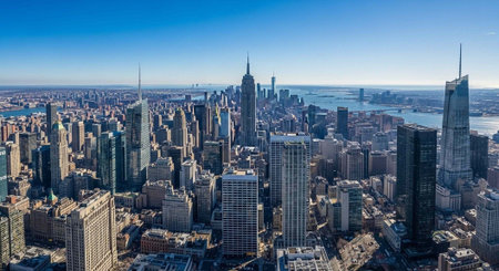 High-rise buildings and skyscrapers in a bustling metropolis with a waterfront and clear blue skyの写真素材