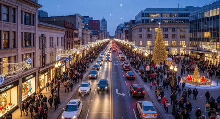A bustling city street at dusk with Christmas lights, decorations, and a large crowd of people...