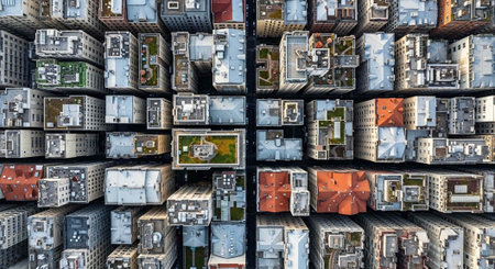 Overhead view of a crowded city with numerous buildings, diverse rooftops, and urban landscape