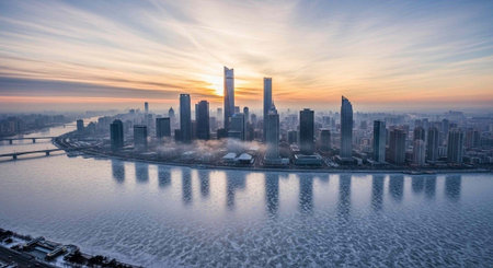Aerial view of Shanghai skyline and Huangpu River at sunset, China.の写真素材