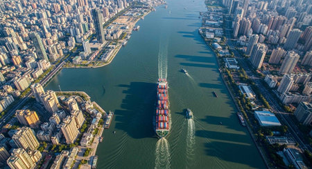 Large cargo ship sailing down a river surrounded by tall city buildings and skyscrapers on both...