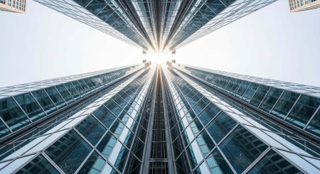 Low-angle view of a towering skyscraper with a glass and steel exterior, showcasing its height and...