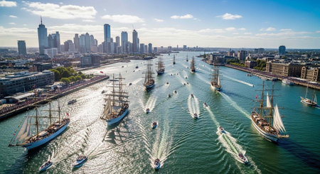 Aerial view of Sydney Harbour with numerous sailboats and speedboats, city skyline in background...
