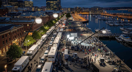 City harbor at dusk with film crew, trucks, and equipment, surrounded by buildings and boats.
