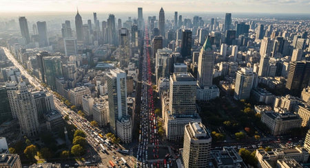High-angle shot of a densely populated urban area with tall buildings, busy roads, and trees
