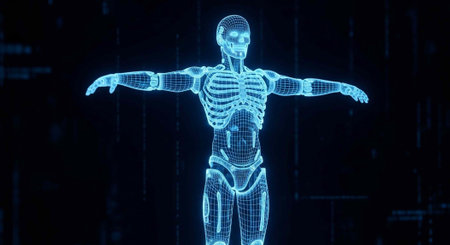 A futuristic digital illustration of a human skeleton with a glowing blue wireframe design
