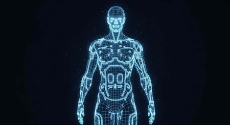 A futuristic digital human figure with a glowing blue wireframe design on a dark background