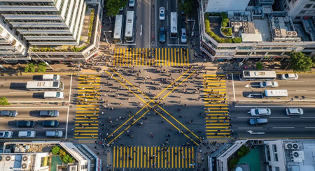 Aerial view of a busy city intersection with yellow crosswalks and many vehicles