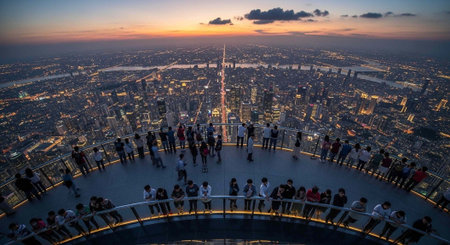 A large group of people standing on an observation deck overlooking a city at sunset