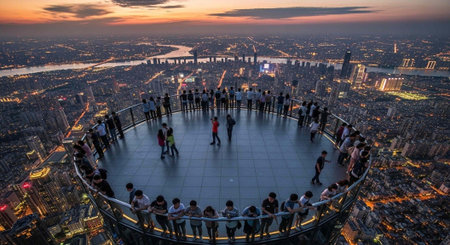 A large group of people standing on a circular observation deck overlooking a city at sunset