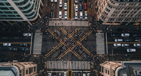 Aerial view of a busy city intersection with cars and buildings