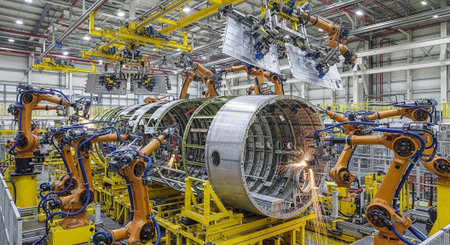 A large industrial robot arm welds a massive metal cylinder in a factory setting with multiple...