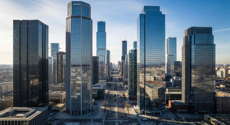 Aerial view of a modern cityscape with sleek skyscrapers and a clear blue sky
