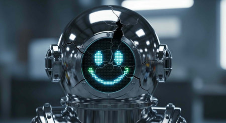 A futuristic robot with a cracked and damaged digital smiley face screen