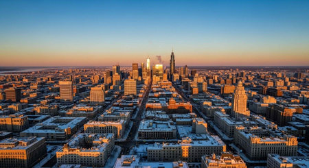 Aerial view of a snowy cityscape at sunset with a clear blue sky