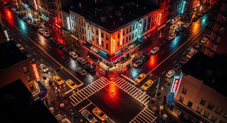 Aerial view of a bustling city intersection at night with vibrant neon lights and traffic