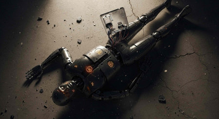 A broken robot lies on the ground with a cracked and damaged body