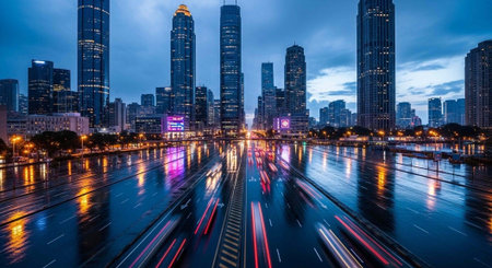A bustling cityscape at dusk with a river and skyscrapers in the background