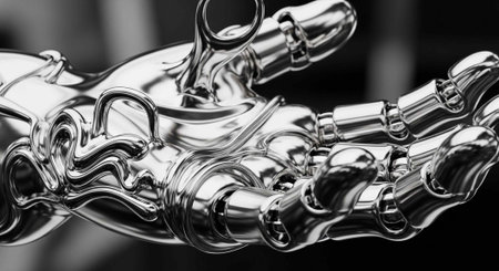 A shiny metallic robotic hand with intricate details and joints against a dark background