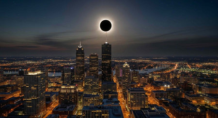 A stunning cityscape at night with a solar eclipse above the skyscrapers and illuminated buildings