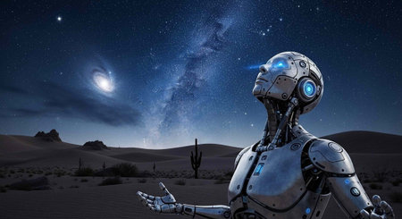 A futuristic robot stands in a desert landscape under a starry night sky with a galaxy in the...