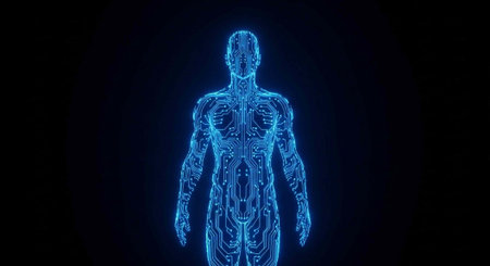 A futuristic digital illustration of a human body with glowing blue circuits and wires