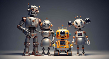 A group of colorful robots standing together in a dark room with a gray background