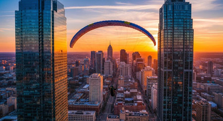 A paraglider soars above a city skyline at sunset between two skyscrapers