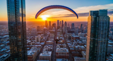A person paraglides over a cityscape during a vibrant sunset with skyscrapers in the foreground