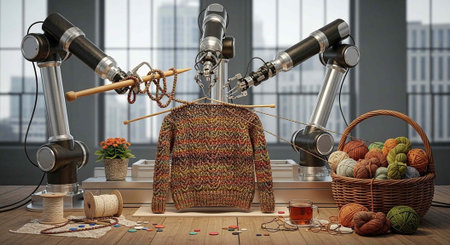 Robotic arms weaving a colorful sweater in a modern workshop with a basket of yarn