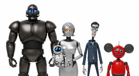A group of colorful robots and androids standing together in a line on a white background