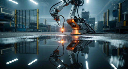 A robotic arm is welding in a modern industrial factory with reflective floor