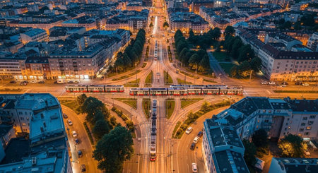 Aerial view of a bustling city intersection at dusk with a train crossing over
