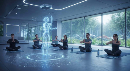 A group of people meditating in a modern room with a digital human projection