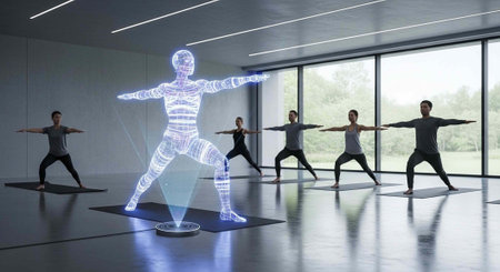 A futuristic yoga studio with a digital human projection leading a group of people in a serene...