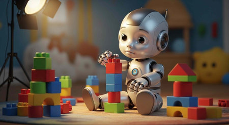 A robot toy is building colorful block towers on the floor of a playroomの写真素材