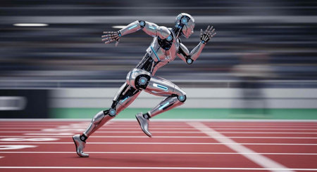 A futuristic robotic athlete sprinting on a red track with a blurred background