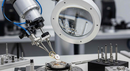 A robotic arm precisely handles a small object in a modern laboratory setting with various equipment