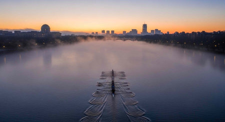 A serene cityscape at sunrise with a large body of water and a distant skyline