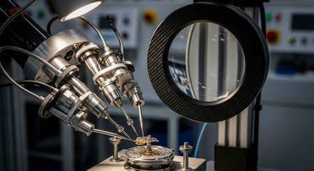 A robotic arm is working on a small object in a laboratory setting with precision tools
