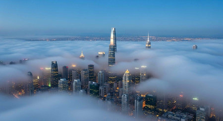 Aerial view of a city skyline emerging from fog with skyscrapers and lights