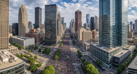 A large crowd of people gathers in a city street surrounded by tall buildings and skyscrapers