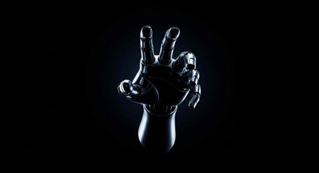 A robotic hand reaching out against a dark background with a spotlight effect